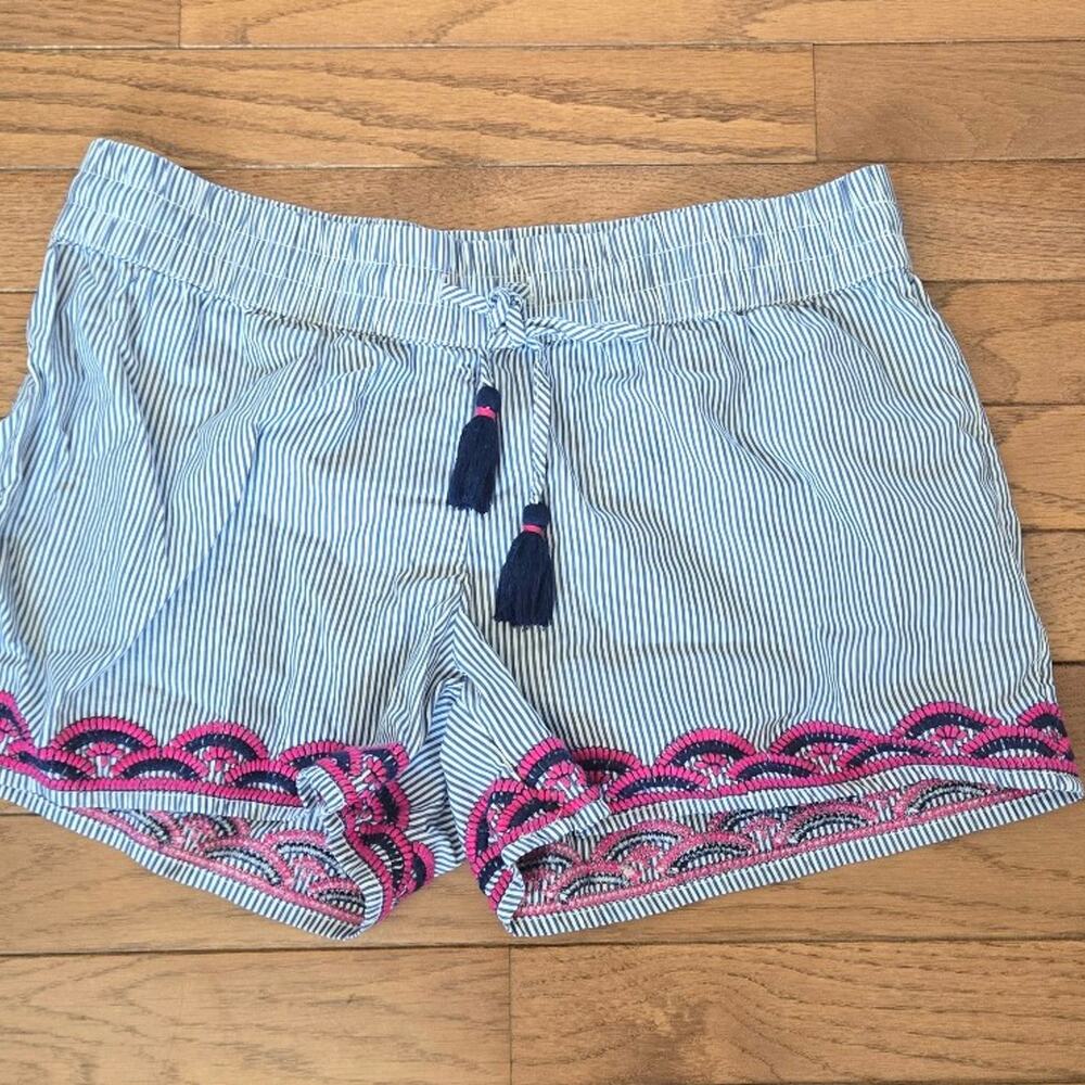 Vineyard Vines women’s pull on blue white pink striped tassel shorts cotton XS